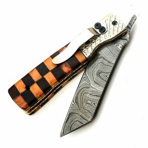 Couteau pliant en acier Damas, lame à pointe tombante, manche en bois, 7 pouces au total - Product Image 1