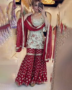 Vestido de diseñador en georgette, hermoso traje Sharara de boutique de diseñador, colección de trajes Sharara listos para usar. - Product Image 1