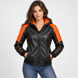 Veste d'hiver en cuir de vache véritable noir et orange, fermeture éclair intégrale sur le devant, vente en gros - Product Image 4