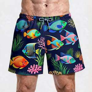 Shorts de bain pour hommes à séchage rapide, motif tortue corail coloré, avec cordon de serrage, taille mi-haute, motif dessin animé - Product Image 3