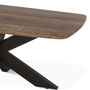 Table basse ovale en bois de manguier massif industriel avec plateau incurvé et pieds pliants en métal en forme d'araignée, finition brute noire et naturelle - Product Image 6