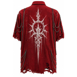 Woven Cotton Style Gothic Oversized Short Sleeve Shirt Black <b>Cross</b> Print <b>Chains</b> Decorated Ripped Design - Product Image 6