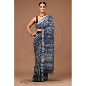 Elegante Sari de Lino Estampado para Uso Diario con Blusa de Lino Suave para Mujer, Ideal para Uso Diario y en la Oficina - Product Image 4