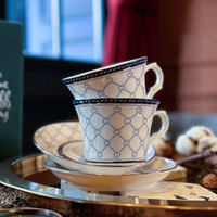 Taza de café de porcelana fina Shin Tai Yuan con platillo, diseño de cuerda azul, borde dorado, impresión por transferencia de agua, regalo de Taiwán