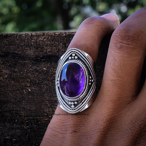 แหวนพลอยอเมทิสต์สีม่วงธรรมชาติ เงินแท้ 925 สไตล์โบฮีเมียน แหวนพลอยสำหรับผู้หญิง ทรงวงรี พลอยเม็ดใหญ่ แหวนวินเทจสำหรับสาวๆ - Product Image 4