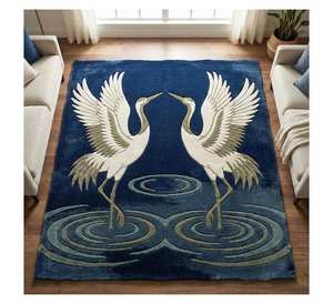 Tapis de luxe de style oriental bleu avec ondulations d'eau, tapis rectangulaire 3D tufté à la main motif grue japonaise - Product Image 1