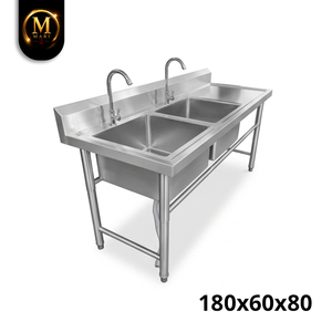 Professional Double Bowl <b>Sink</b> Right Platform 0.8mm Thickness Stainless Steel Freestanding Commercial Kitchen <b>Drainer</b> Table - Product Image 3