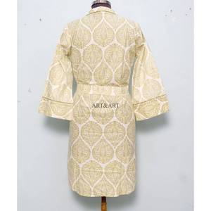 Indian Handmade Eco-Friendly Vintage Summer Lightweight Floral Cotton <b>Kimono</b> with Bird Print Woven Fabric Long Shirt with Belt - Product Image 6