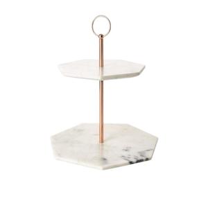 Support à gâteau à 2 niveaux en marbre blanc avec tige en métal argenté, présentoir à pâtisserie élégant pour mariage, table de fête - Product Image 2