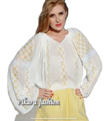 Mexican Cotton Hand Embroidery Long Sleeve Round Neck Gypsy High Quality For Lady Tunic Top For Women