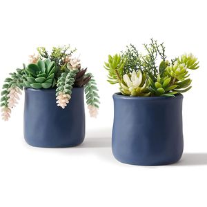 Grandi Vasi in Ceramica Blu Navy per Piante Grasse Finte, Set da 2 per Ufficio, Soggiorno, Bagno - Piante Artificiali di Qualità per Arredamento Casa - Product Image 1