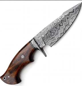 Cuchillo utilitario de hoja fija de acero de Damasco OEM hecho a mano con punta de gota, mango de madera de nogal natural y protector integrado, herramienta para rebanar - Product Image 1