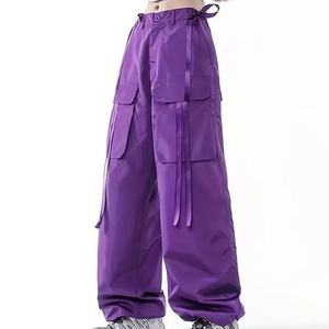 Pantalon cargo décontracté pour femme, coupe ample, jambe large, taille haute, fermeture à cordon, plusieurs poches, tissu durable en polyester/coton - Product Image 3