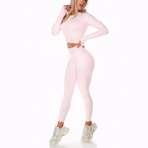 Ensemble de yoga rose sans couture pour femme : Leggings taille haute, crop top à col rond et bretelles croisées, couleur unie, respirant - Product Image 3