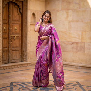 Sari en soie Banarasi violet avec motifs floraux et bordure Zari pour femmes, tenue de mariage, sari indien traditionnel - Product Image 1