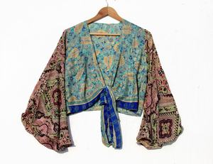 New Arrival Vintage Silk Handmade Printed Wrap <b>Top</b> Bell <b>Sleeve</b> <b>Top</b> Bell <b>Sleeves</b> Crop <b>Top</b> <b>Tunic</b> Dress for Women - Product Image 6