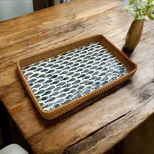 Bandeja Decorativa de Ratán con Incrustaciones de Madreperla de Lujo, Elegante Organizador con Mosaico de Conchas para Decoración Moderna del Hogar, al Mejor Precio - Product Image 5