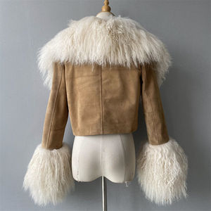 Veste en cuir d'agneau véritable de luxe, courte, douce, avec grand col en fourrure de mouton de Mongolie, sur mesure, pour femmes, en daim d'agneau, pour l'hiver - Product Image 6