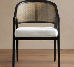 Modern Wooden Dining <b>Chair</b> with Woven Rattan Back and Linen Upholstery Midcentury Design Home Furniture - Product Image 2