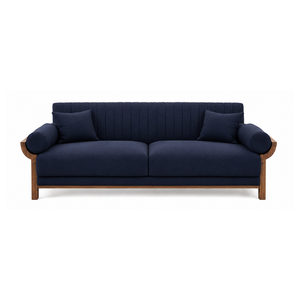 Sofá de 3 Plazas de Madera de Teca Sólida de Lujo con Tapicería Azul Marino, Muebles Modernos para Sala de Estar, Vestíbulo de Hotel, Apartamento, Villa - Product Image 1