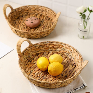 Panier à fruits tressé avec poignées découpées, plateau de service rond en rotin tressé, grand panier de rangement - Product Image 3