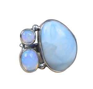92.5 <b>Silver</b> Natural Blue Larimar And Ethiopian <b>Opal</b> <b>Ring</b> Gift for her - Product Image 1