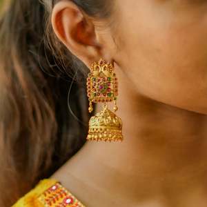 Lord Ganesh Embellished Pearl and Ruby Drop Jhumka Earrings - Product Image 1