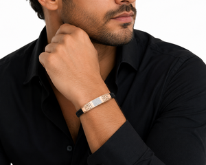 Bracelet manchette en or massif 18 carats Namivaa, cuir tressé noir, diamants, design géométrique de luxe, poli miroir, pour homme, cadeau de mariage ou de fête - Product Image 1
