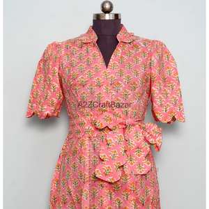 Vestido midi de punto 100% algodón con estampado floral digital indio hecho a mano, cuello en V, manga corta, corte en A, con bolsillos, para oficina, verano - Product Image 4