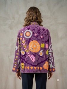 Veste en velours violet de luxe pour femme, broderie florale colorée faite à la main, style bohème ethnique, manteau de mode en gros pour boutique - Product Image 2
