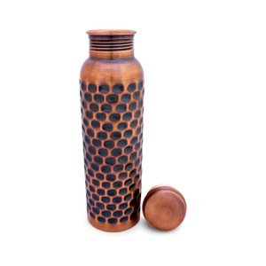 Antique Black Oxidized Honeycomb Hammered Pure Copper Water Bottle Leakproof Screw Lid Ayurvedic Health Hydration Metal Flask - Product Image 1