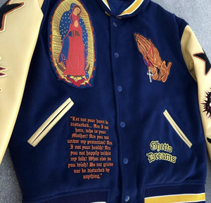 Chaqueta Varsity para Hombre, Bordado de la Virgen María en Chenille, Color Azul Marino, para Ropa Urbana, Lona Ecológica Impermeable, Personalizable OEM - Product Image 2
