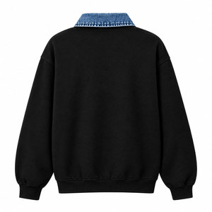 Sweat-shirt noir demi-zippé pour homme avec col rabattu en jean et appliqué lettres, pull décontracté - Product Image 3