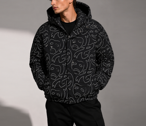Chaqueta Acolchada con Capucha para Hombre, con Diseño de Rostro Dibujado a Mano, Resistente al Viento, Gruesa, para Invierno, Estilo Urbano, Cierre de Cremallera, Corte Regular - Product Image 6