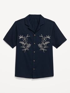 เสื้อเชิ้ตผู้ชายแฟชั่นสีน้ำเงินเข้ม ผ้าฝ้ายปักลาย แขนสั้น คอปกแบบลำลอง แต่งลายดอกไม้ - Product Image 5
