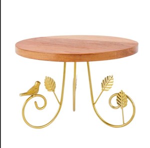 Wooden Cake <b>Stand</b> with Decorative Metal Base – Round Dessert Display <b>Stand</b> with <b>Bird</b> & Leaf Design for Table Decor - Product Image 1