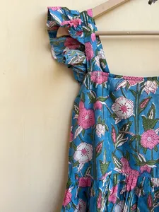 Hand Block Printed Vintage Floral Embroidered Indian Cotton Gown for Women Square Collar Indian Tunic <b>Dress</b> - Product Image 5