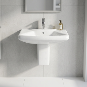 Lavabo rectangular moderno de cerámica blanca con medio pedestal para baño, hospital, villa, Vistaar - Product Image 1