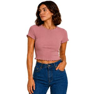 Top Corto Acanalado Rosa Polvoriento para Mujer, Manga Corta, Cuello Redondo con Volantes, Algodón y Spandex, Ajuste Delgado, Camiseta Casual de Verano, OEM Personalizado - Product Image 1