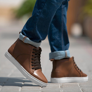 Wholesale Stylish High <b>Top</b> Tan Genuine Leather Sneakers for Men Casual Fashion High Quality OEM Brand Men's Dress Shoes Formal - Product Image 3