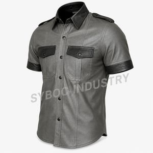 Two Tone Grey Sheep <b>Leather</b> Short Sleeve Shirt Epaulette Uniform Style Genuine <b>Lambskin</b> Top for Clubwear - Product Image 3