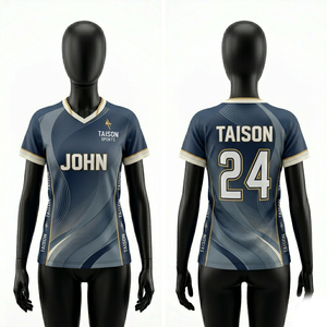 Maillot de cricket pour femmes 160 GSM en polyester respirant bleu marine avec panneau à motif vague doré, impression par sublimation, nom, numéro et logo personnalisés - Product Image 1