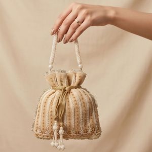 Creme Velvet Handmade Evening Clutch Bag Beaded Embroidery Party Wedding Handbag with Pearl <b>Flat</b> Bottom - Product Image 4