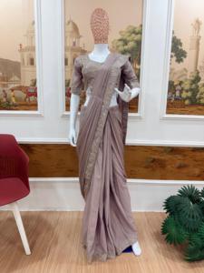 Sari prêt-à-porter en chinon, brodé de perles, pour occasions spéciales, avec blouse en chinon entièrement cousue - Product Image 4