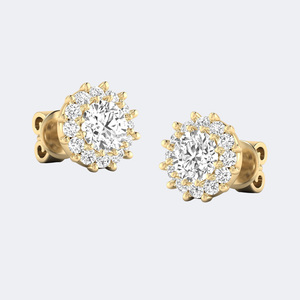 Boucles d'oreilles clous florales en or 14K avec diamants de laboratoire ronds brillants 1,50 carat, VVS2 EF, sertis à griffes, style halo - Product Image 3