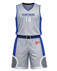 Ensemble de maillots de basket-ball sublimés personnalisés, gris bleu, col en V, sans manches, évacuation de l'humidité, taille élastique, uniforme d'équipe unisexe pour adultes - Product Image 1
