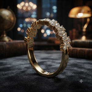 Anillo de Boda de Media Eternidad con Moissanita Corte Marquesa en Oro Amarillo, Anillo Apilable de Diamantes para Aniversario para Mujer, Joyería Personalizada - Product Image 1