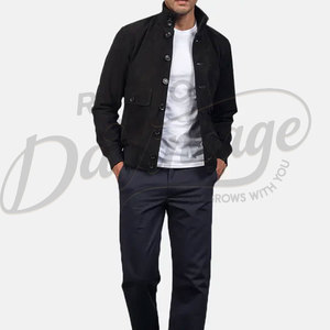 Men Black <b>Suede</b> Leather High Neck <b>Bomber</b> <b>Jacket</b> Slim Fit Button Up Casual Harrington Style Genuine Leather Outerwear - Product Image 4