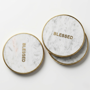 Inspirational “Blessed” Marble <b>Coasters</b> Elegant Gold Edge Table Decor Set White Marble <b>Coasters</b> with Gold Trim - Product Image 1