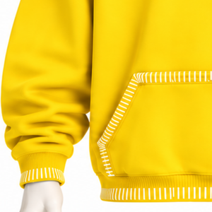 <b>Yellow</b> Stitched Border Distressed Pullover <b>Hoodie</b> Oversized Sweatshirt Contrast Stitch Kangaroo Pocket Casual Streetwear Apparel - Product Image 5